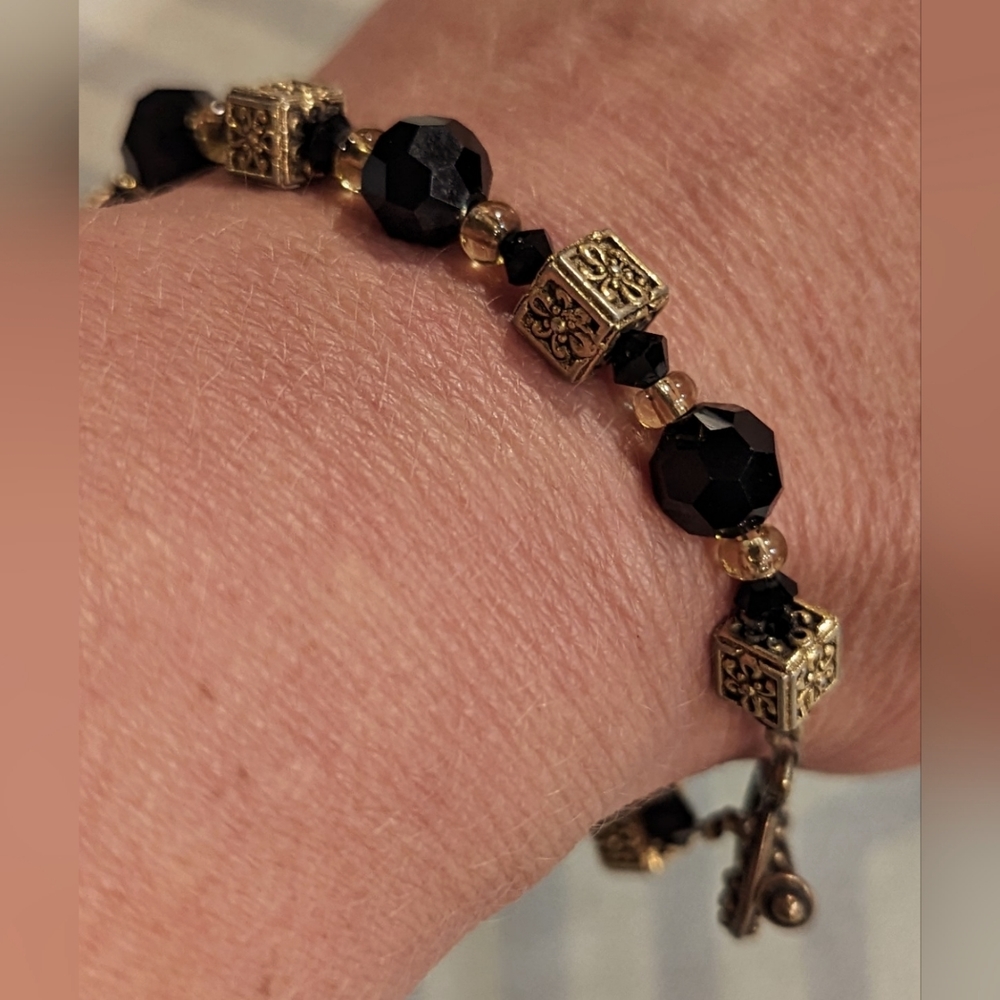 Black Bead and Gold Cube Bracelet with Heart  and Bar Hook